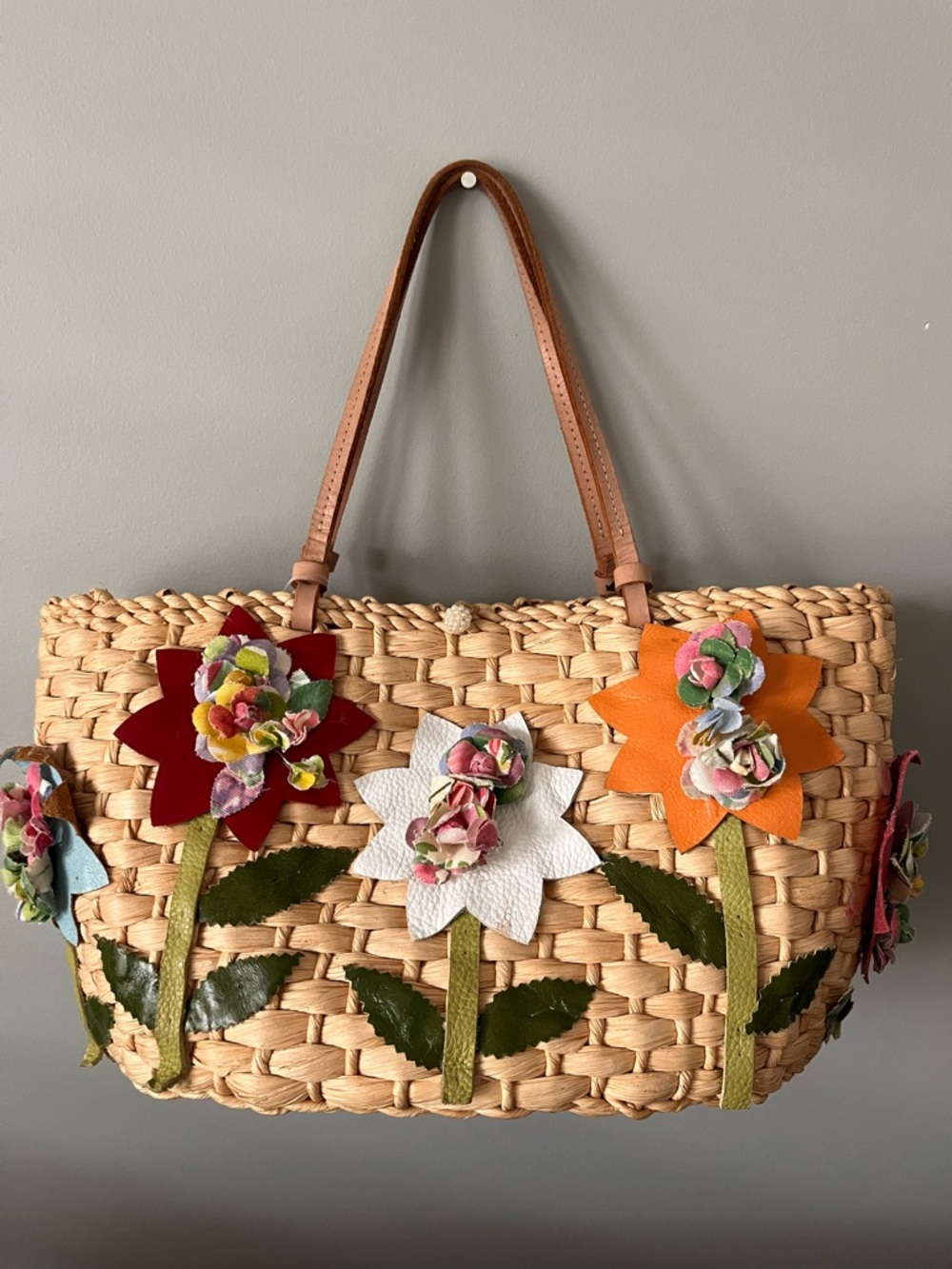 Serpui Marie Floral Appliqué Woven Shoulder Bag - Multicolor/Tan